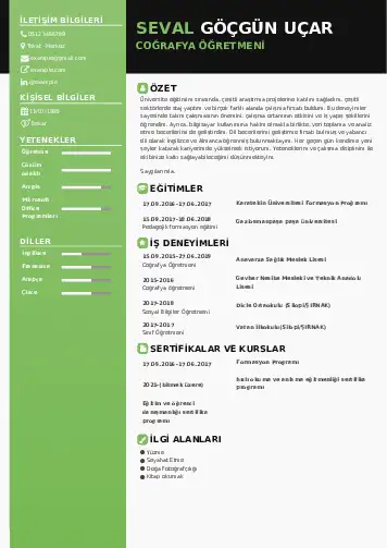 Coğrafya Öğretmeni CV Örnekleri cv indir